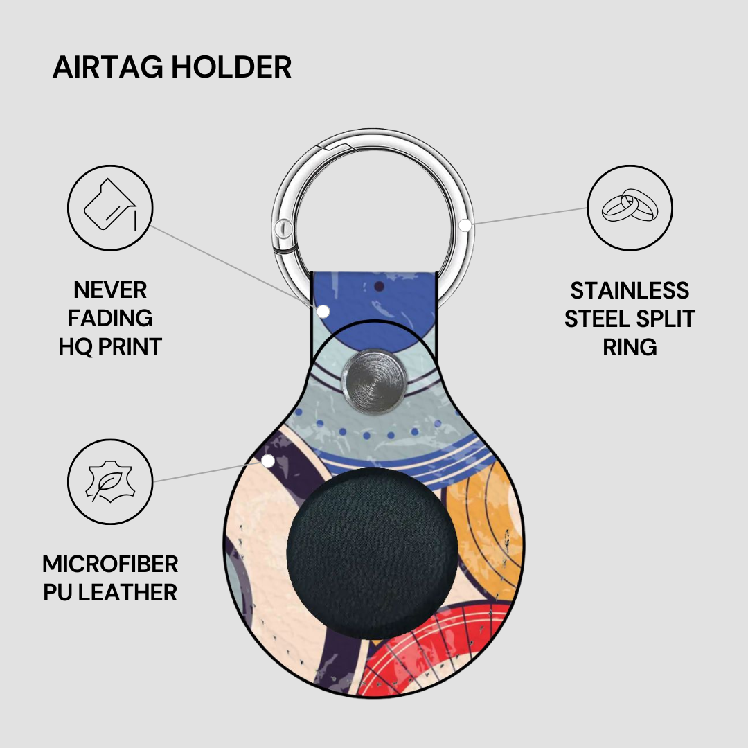 Airtag holder with features highlighted on a gray background