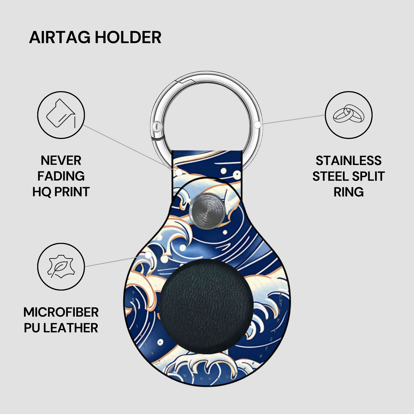 Airtag holder with blue wave design on a gray background | Casenari
