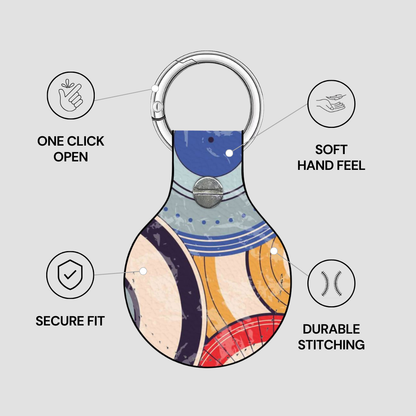 Colorful keychain with features labeled on a gray background