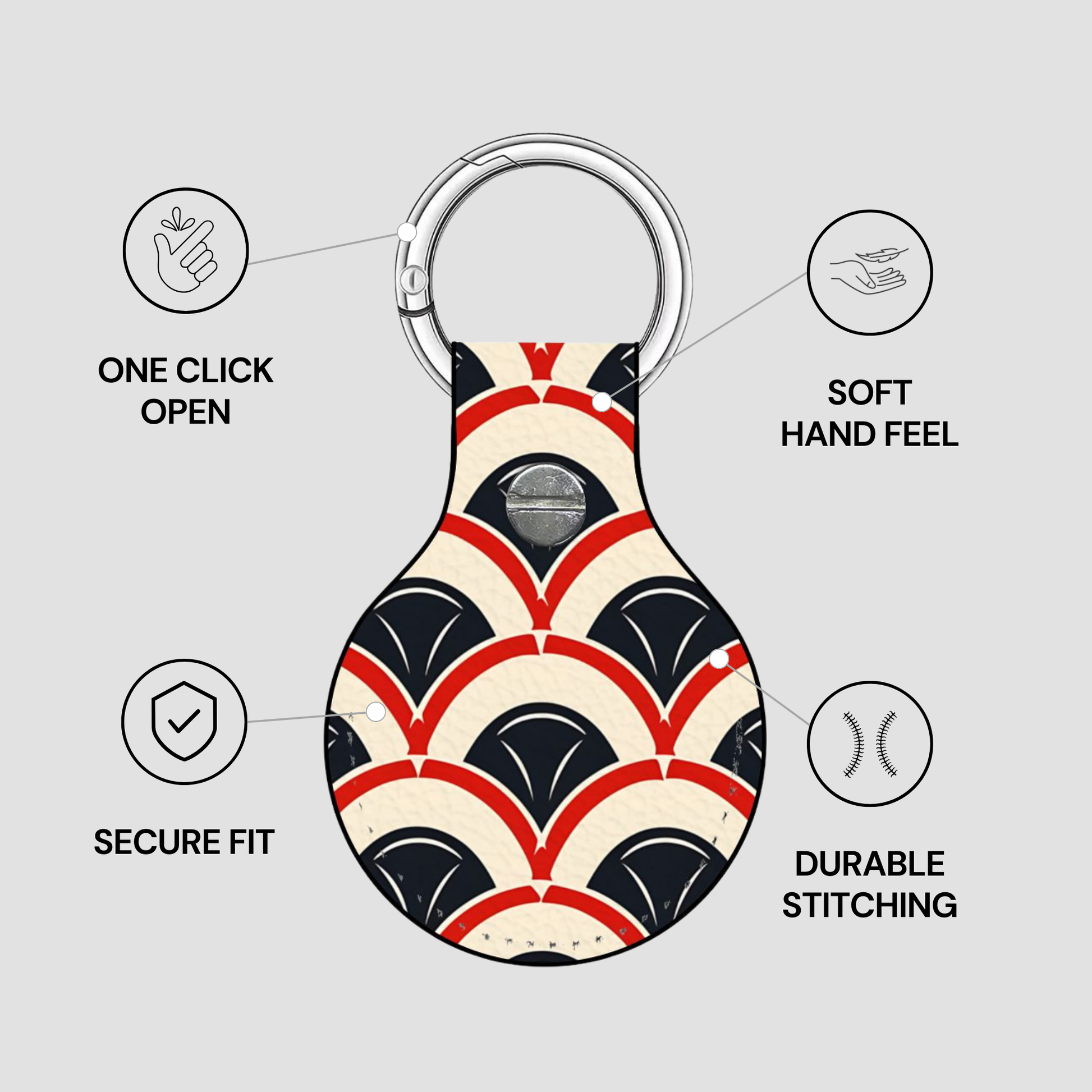 Keychain with geometric pattern on a gray background, featuring text on features.