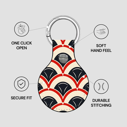 Keychain with geometric pattern on a gray background, featuring text on features.