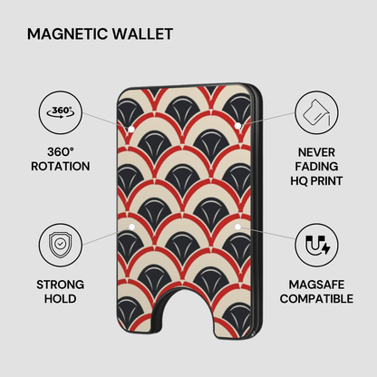 Magnetic wallet with red and black pattern on a gray background
