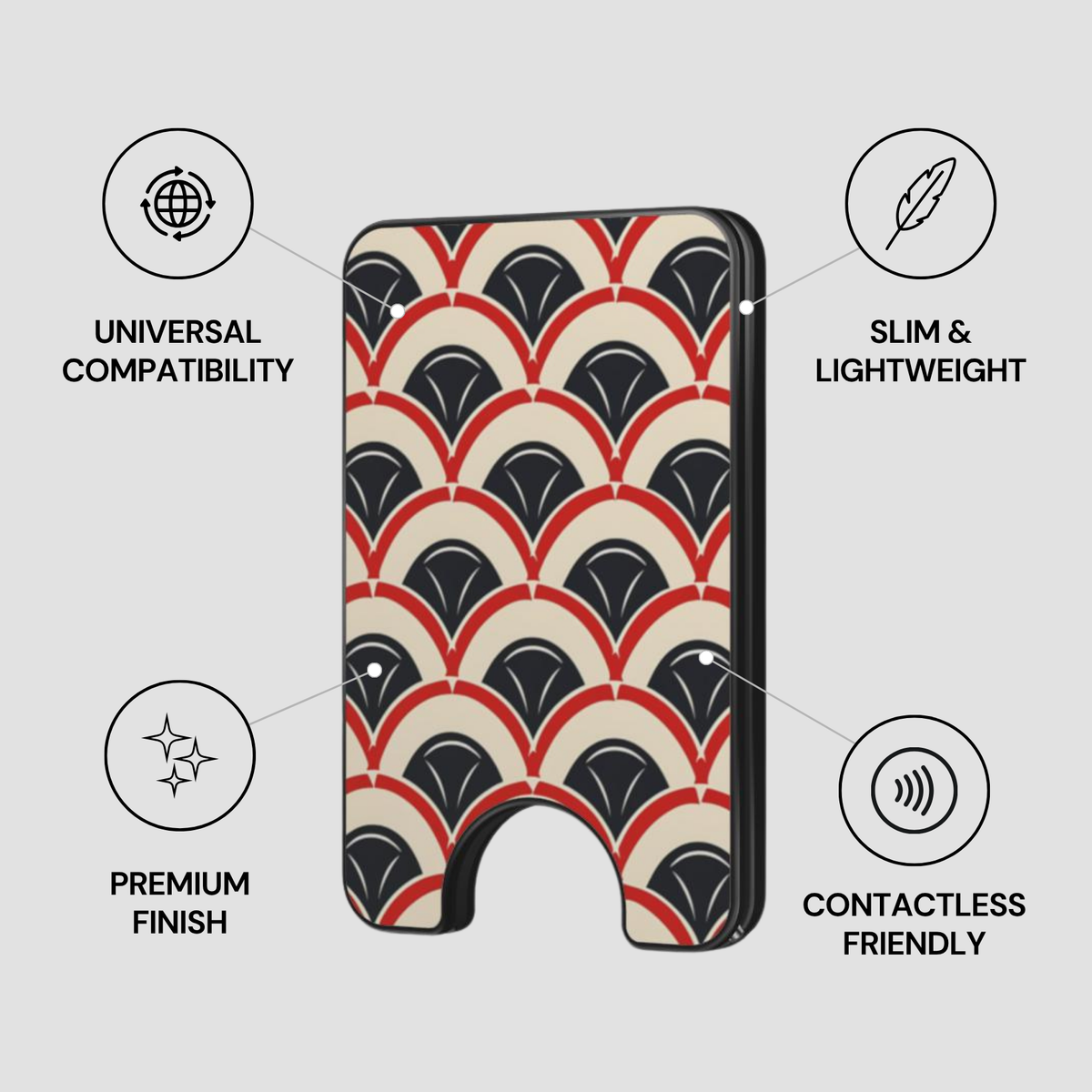 Phone case with geometric pattern on a light gray background, featuring text labels about product features.