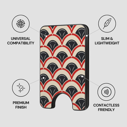 Phone case with geometric pattern on a light gray background, featuring text labels about product features.
