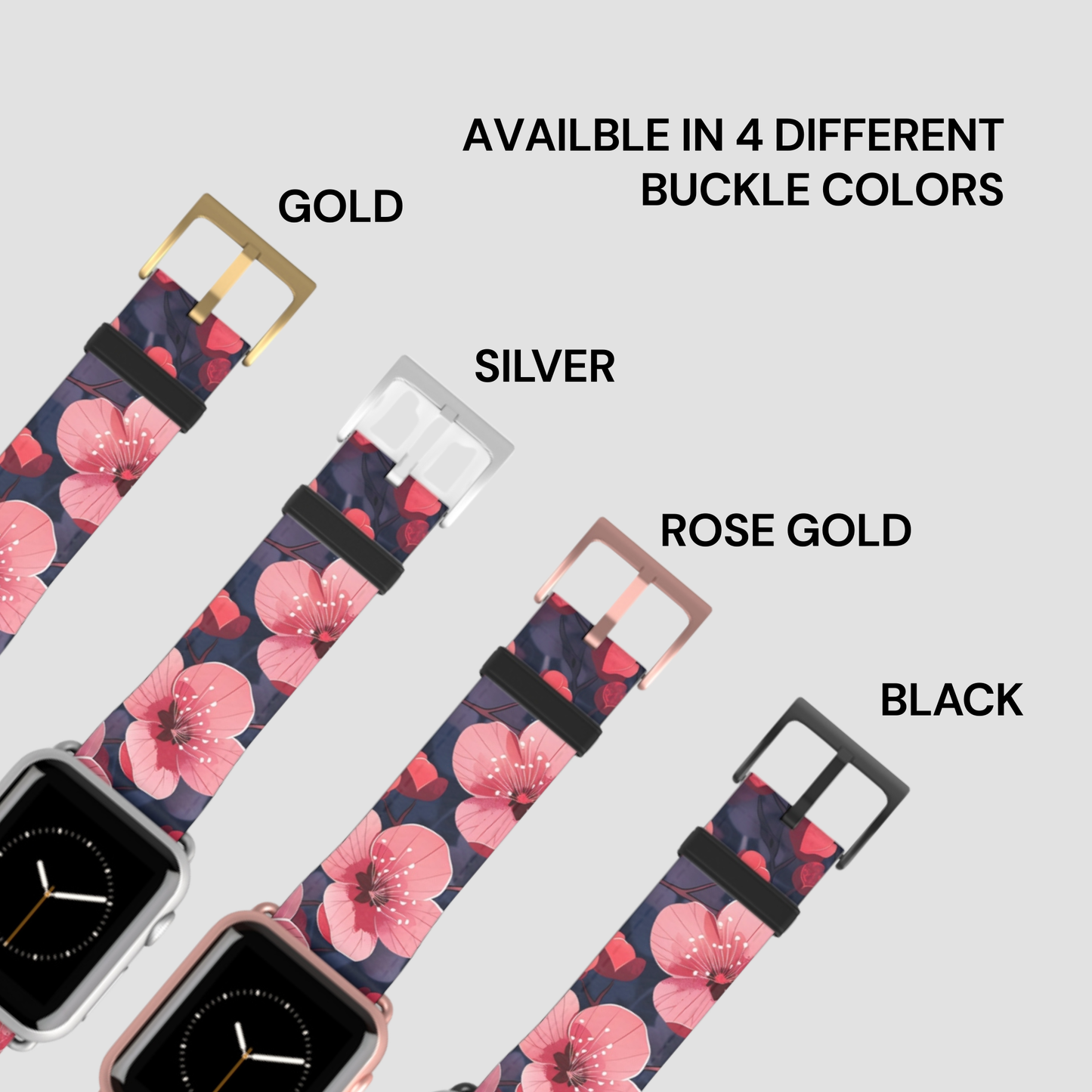 Floral watch band with different buckle colors on a white background