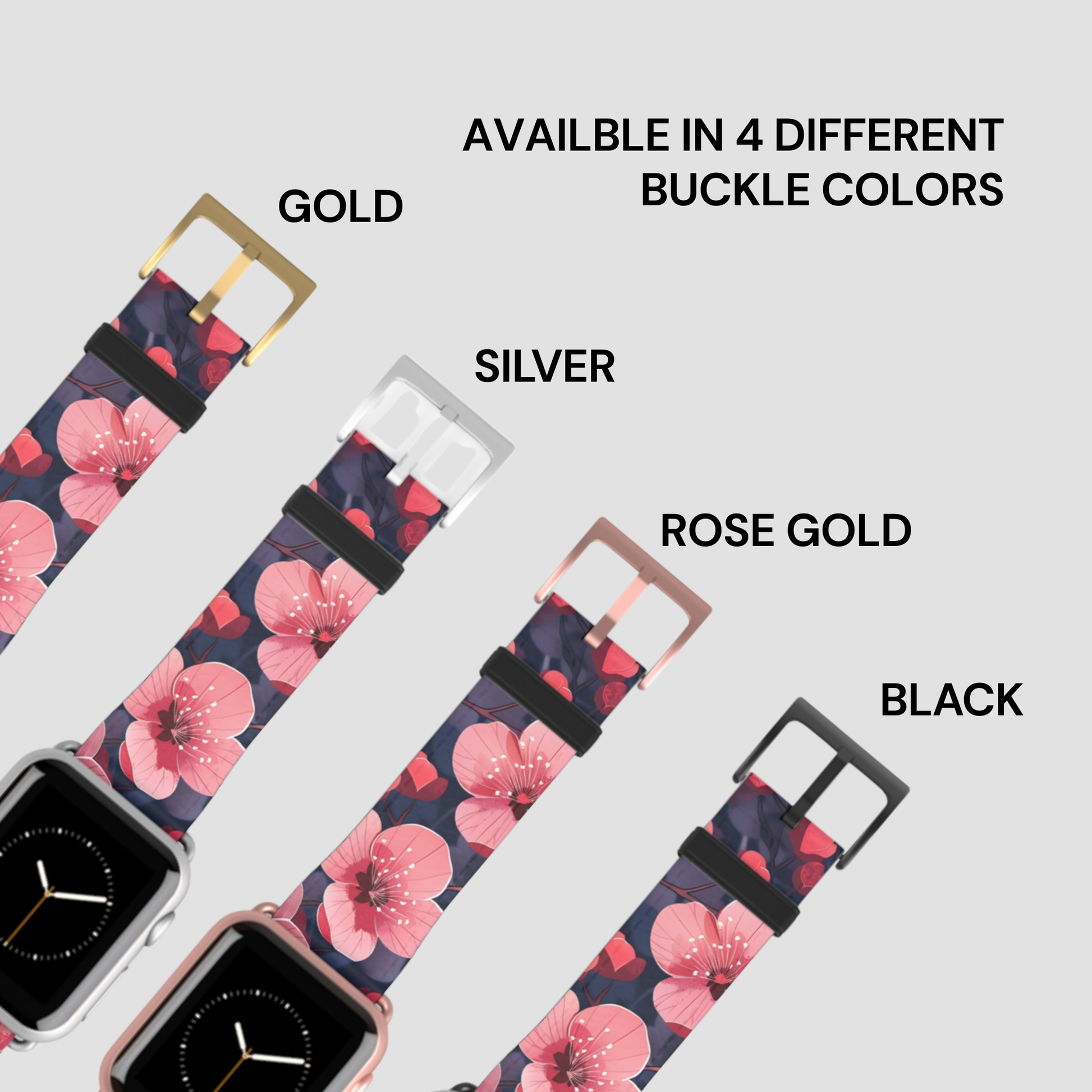 Floral watch band with different buckle colors on a white background