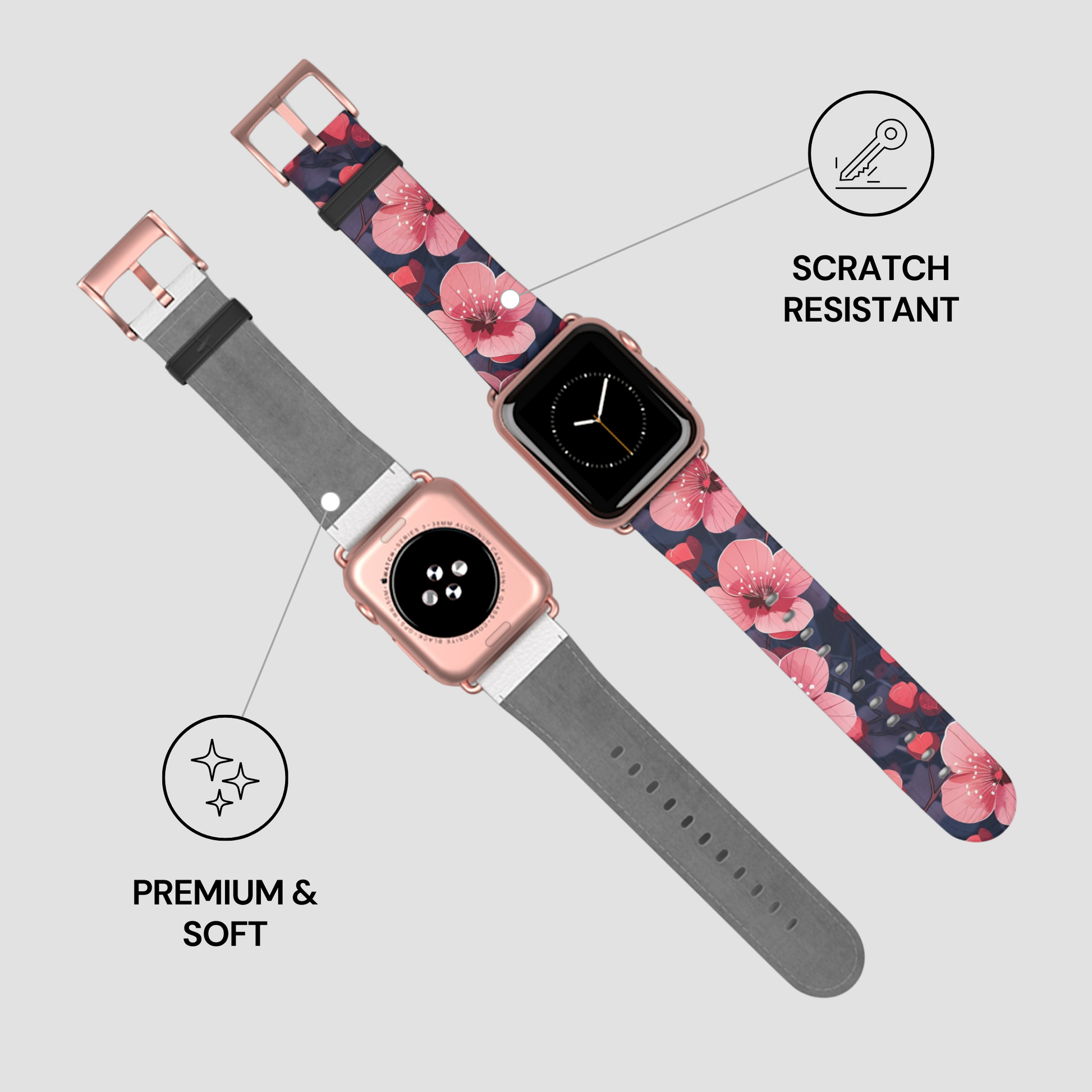 Smartwatch with floral and gray strap on a light gray background