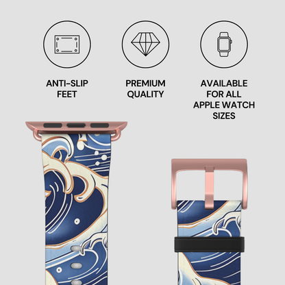 Watch band with wave design and product features on a light gray background by Casenari