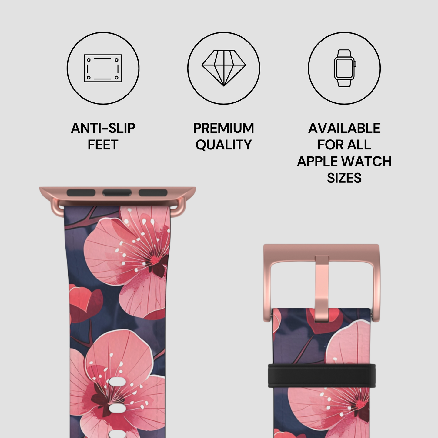 Floral patterned watch band with features listed on a light gray background
