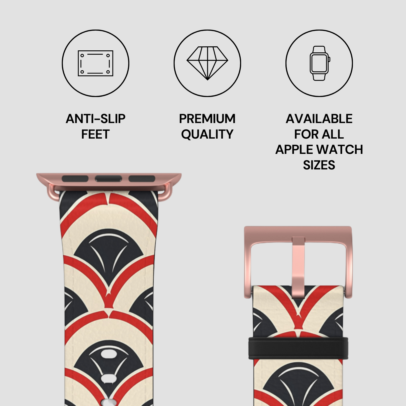Watch strap with geometric pattern and features listed on a light gray background