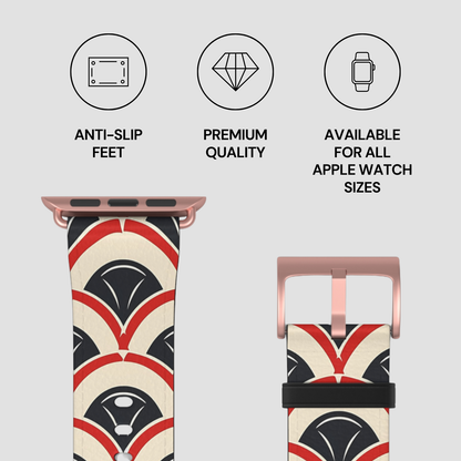 Watch strap with geometric pattern and features listed on a light gray background