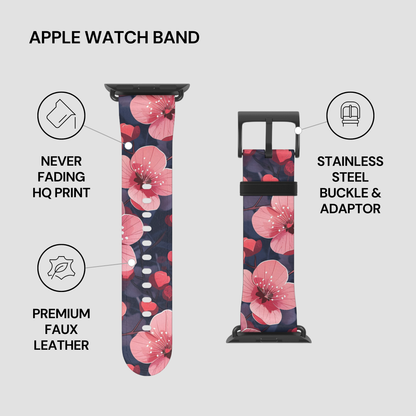 Floral patterned Apple Watch band with features listed on a gray background