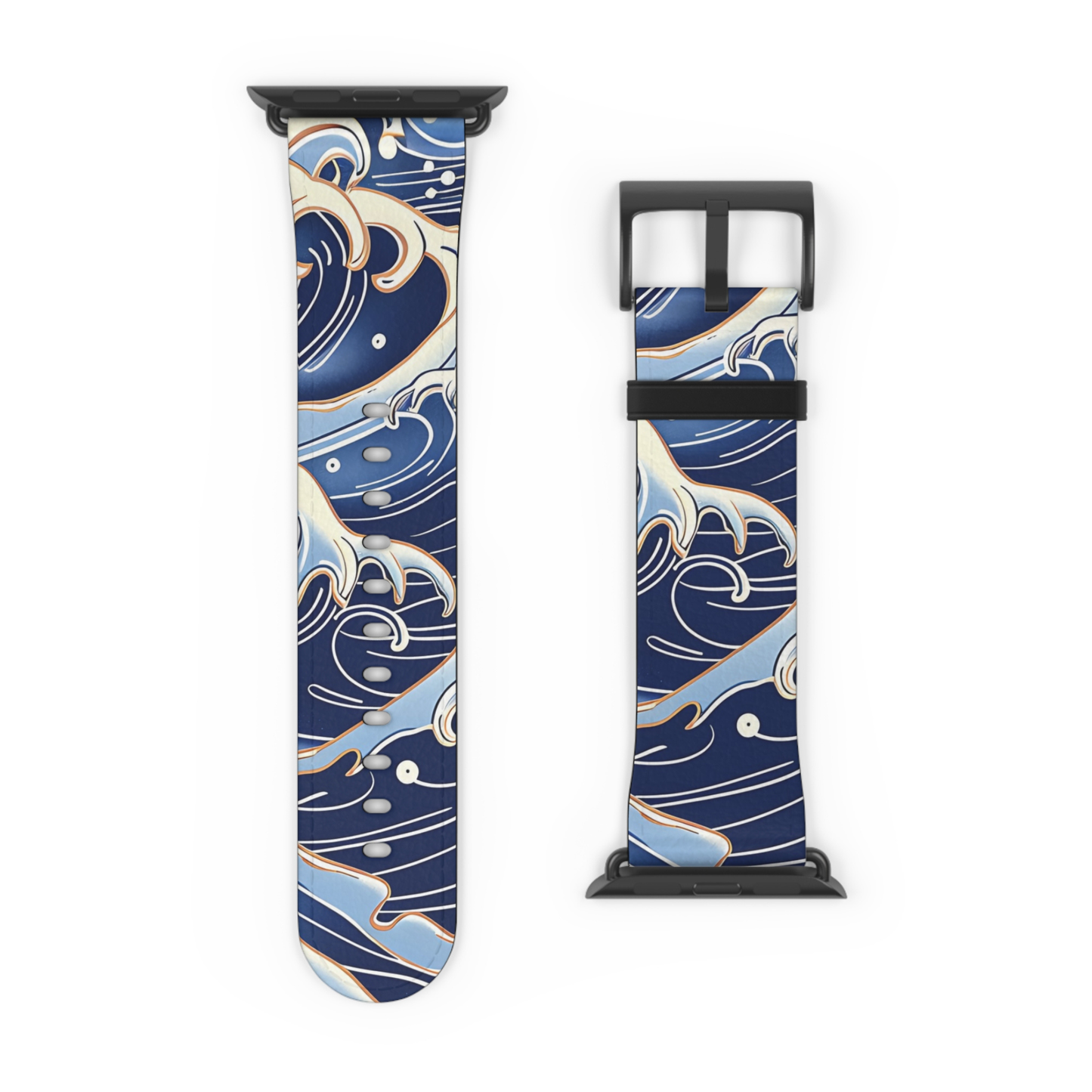 Watch strap with blue and gold wave design on a white background by Casenari