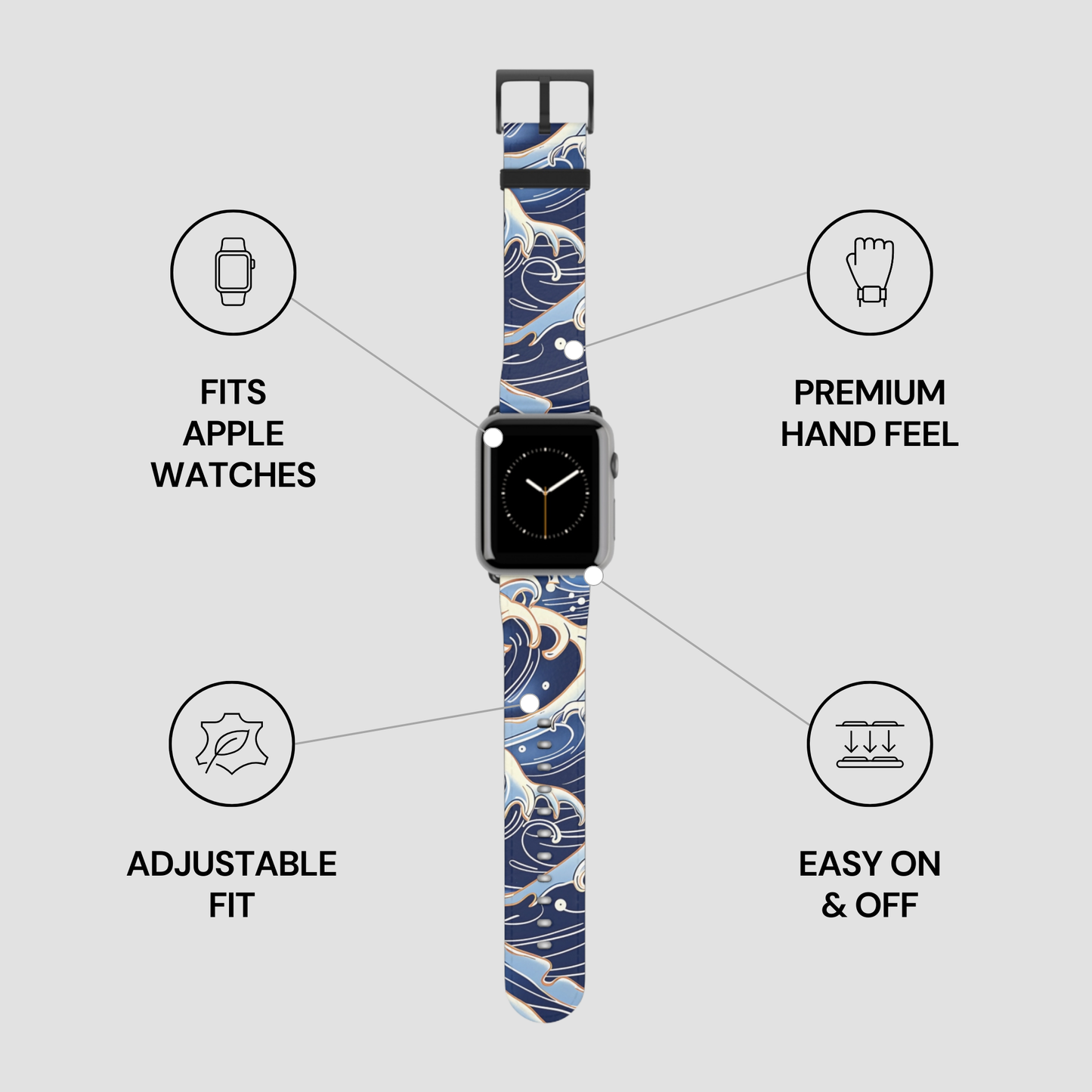 Watch band with adjustable fit, premium hand feel, and easy on/off features on a gray background by Casenari