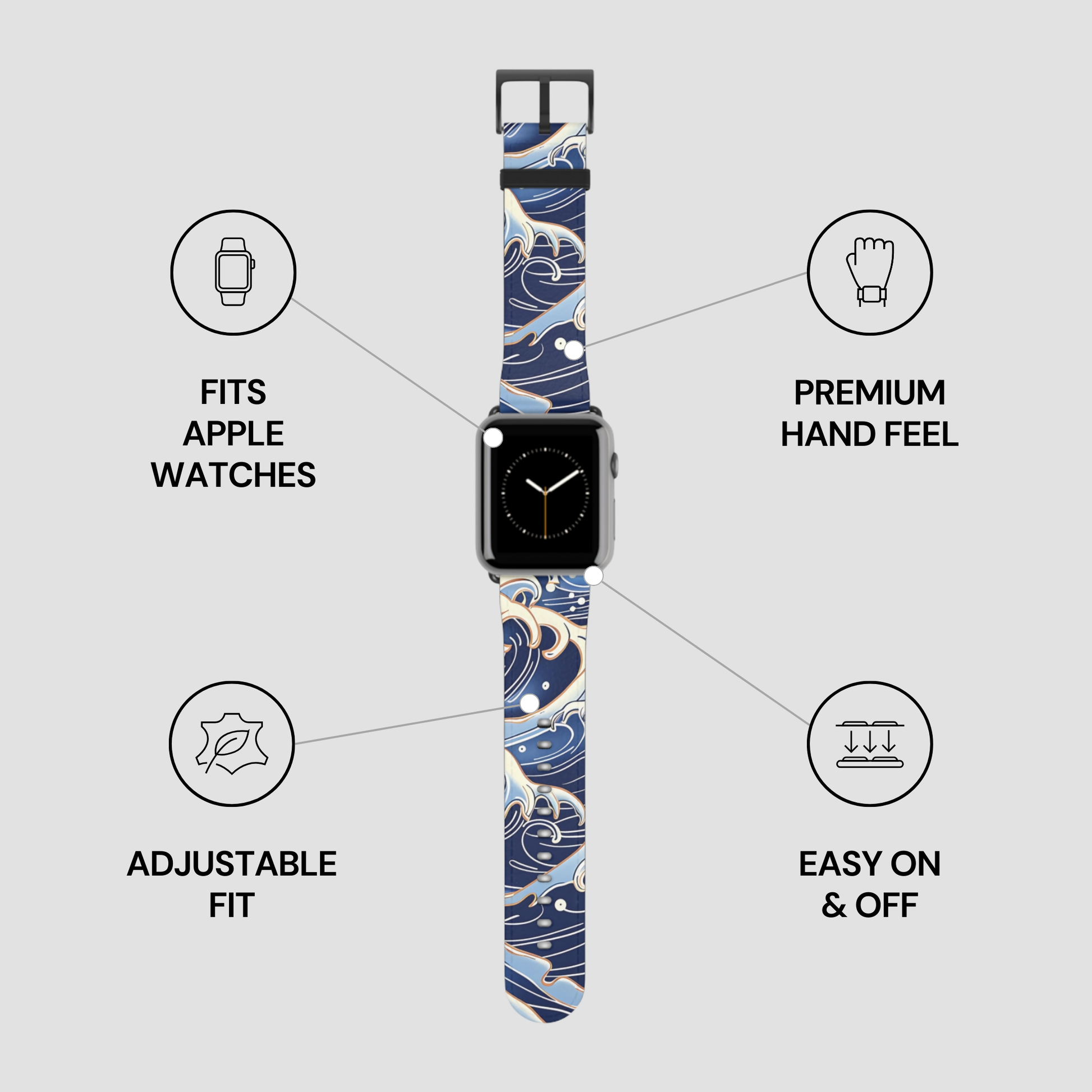Watch band with adjustable fit, premium hand feel, and easy on/off features on a gray background by Casenari