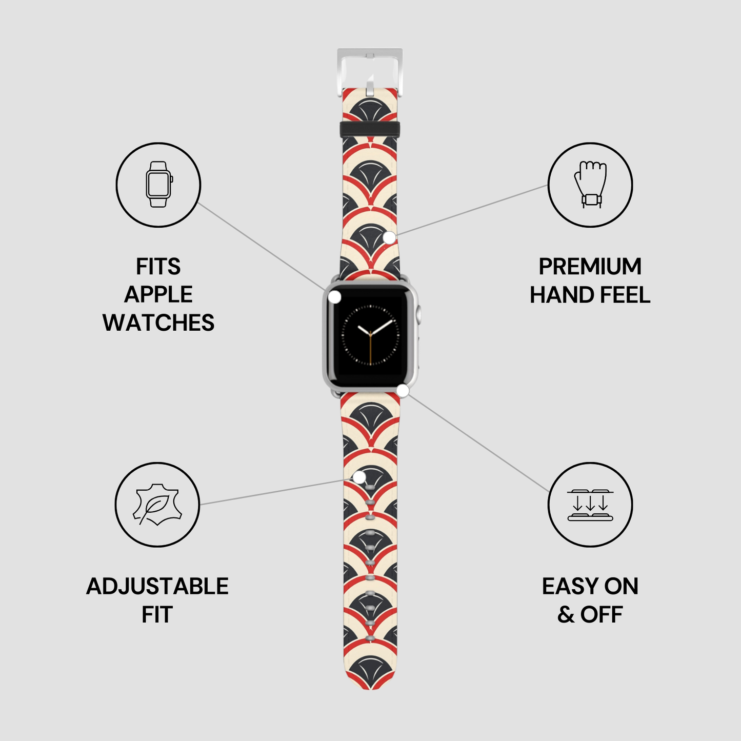 Smartwatch with a patterned band on a gray background with feature icons.