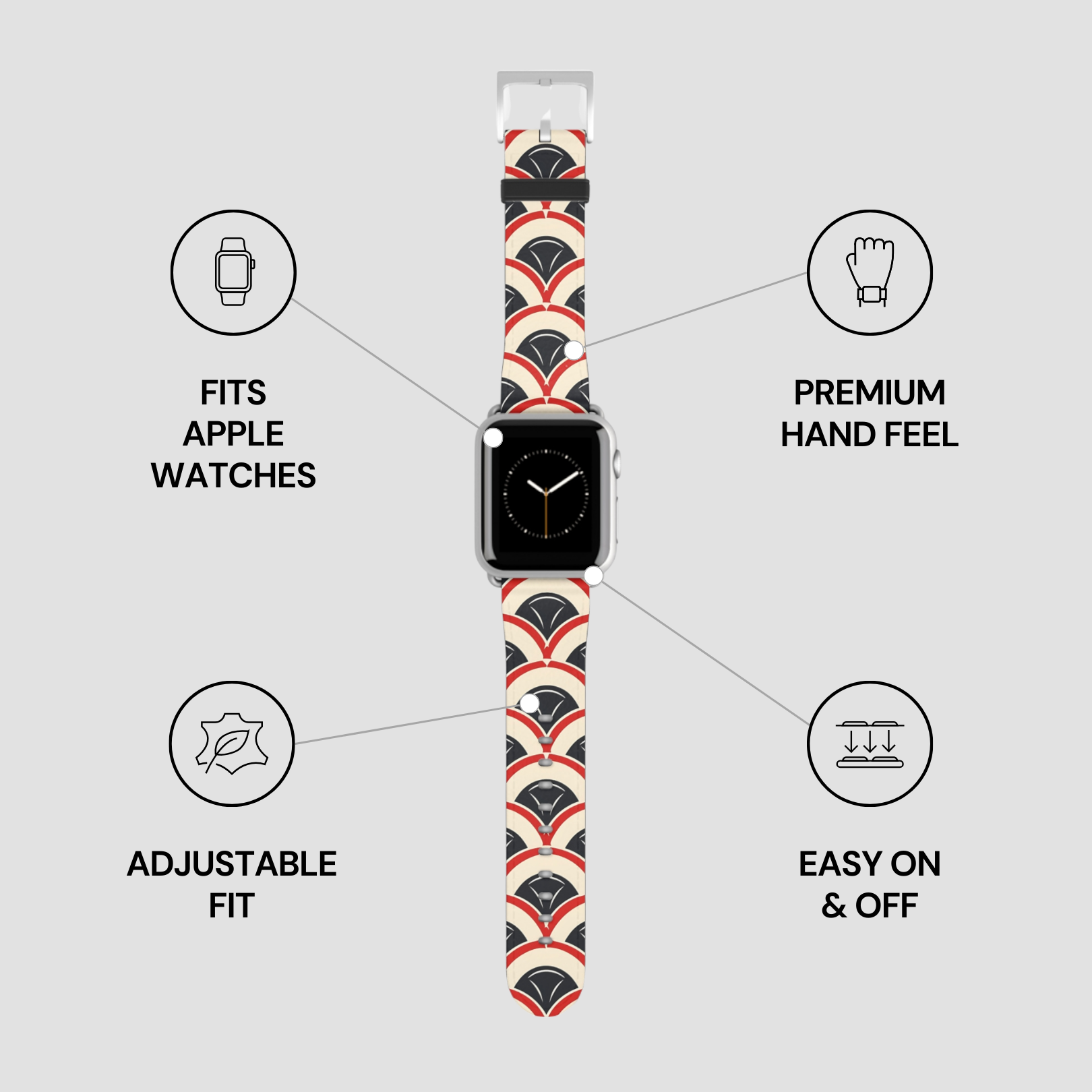 Smartwatch with a patterned band on a gray background with feature icons.