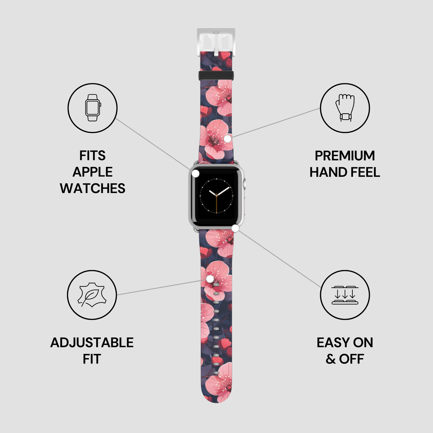 Smartwatch with a floral patterned band on a gray background with feature icons.