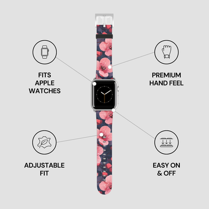 Smartwatch with a floral patterned band on a gray background with feature icons.