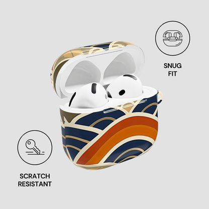 Wireless earbuds in a colorful case with 'Snug Fit' and 'Scratch Resistant' features on a light gray background.
