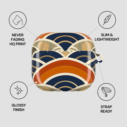 Colorful case with geometric pattern on a gray background, featuring text about product features.