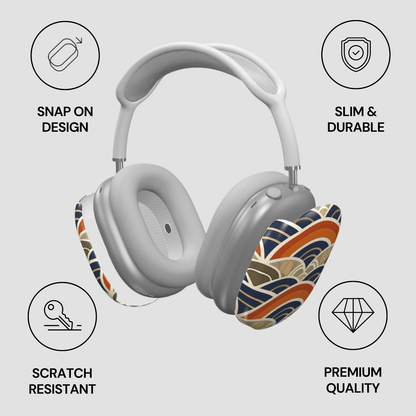 Over-ear headphones with decorative ear cups on a light gray background, featuring icons and text about product features.