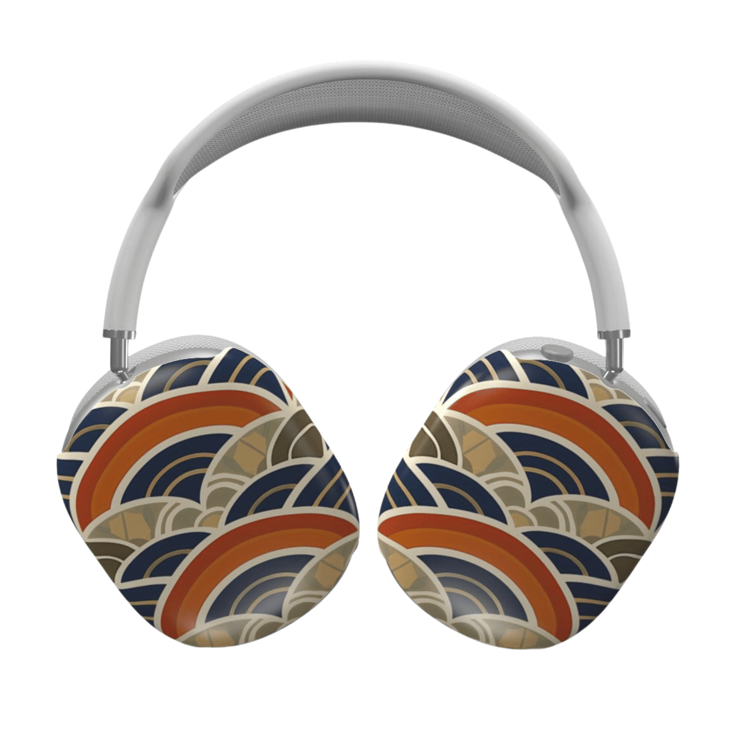 Headphones with a colorful wave pattern on a white background