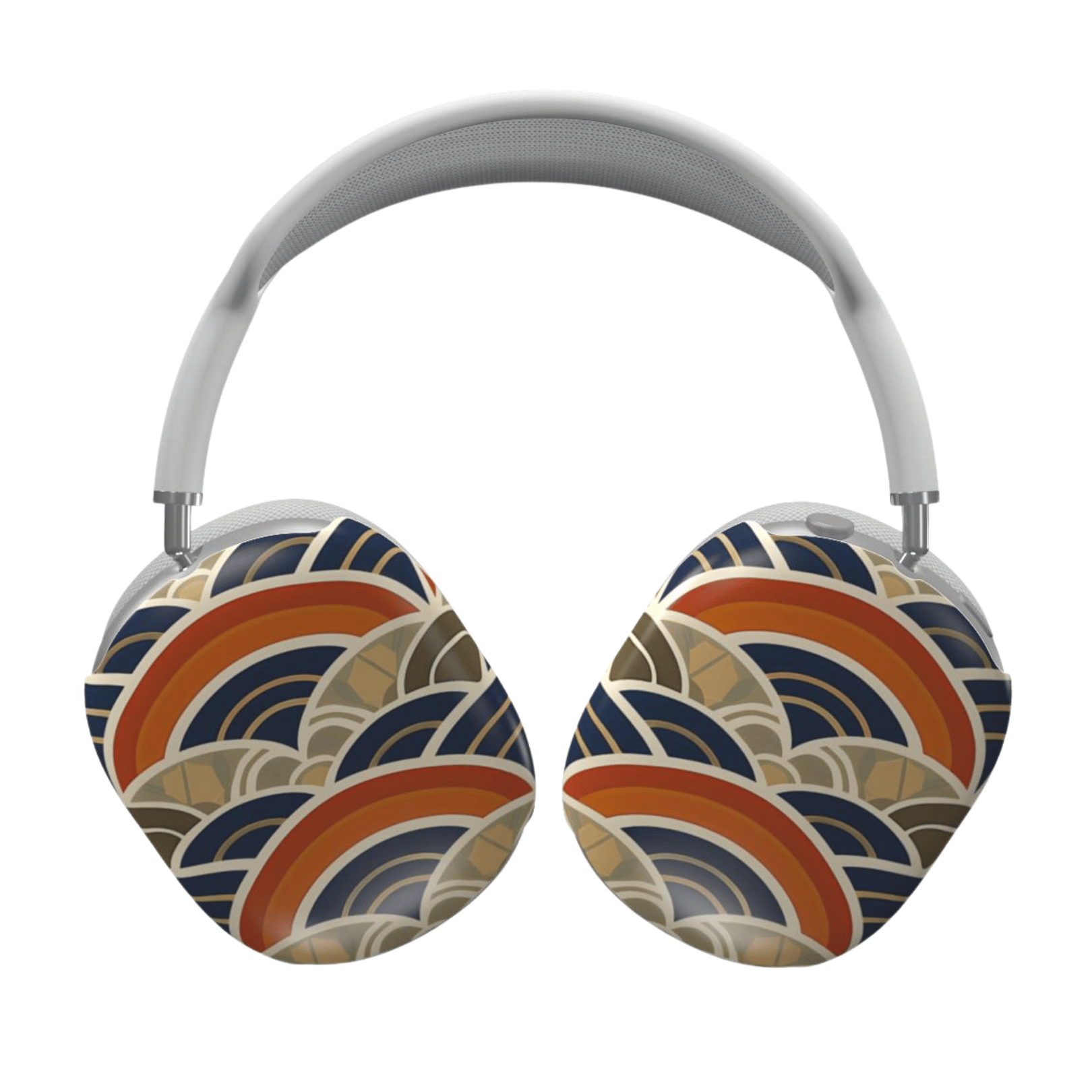 Headphones with a colorful wave pattern on a white background