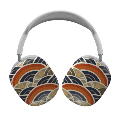 Headphones with a colorful wave pattern on a white background