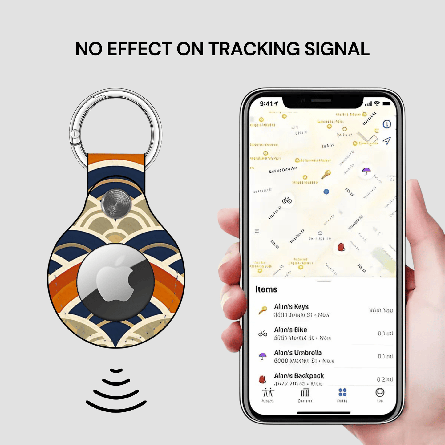 Smart keychain with Apple logo and phone displaying location app on gray background