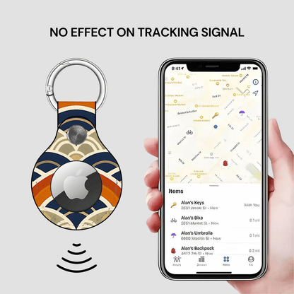 Smart keychain with Apple logo and phone displaying location app on gray background