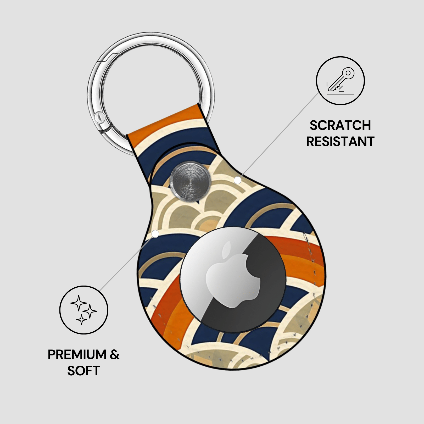 Decorative keychain case with Apple logo on a light gray background