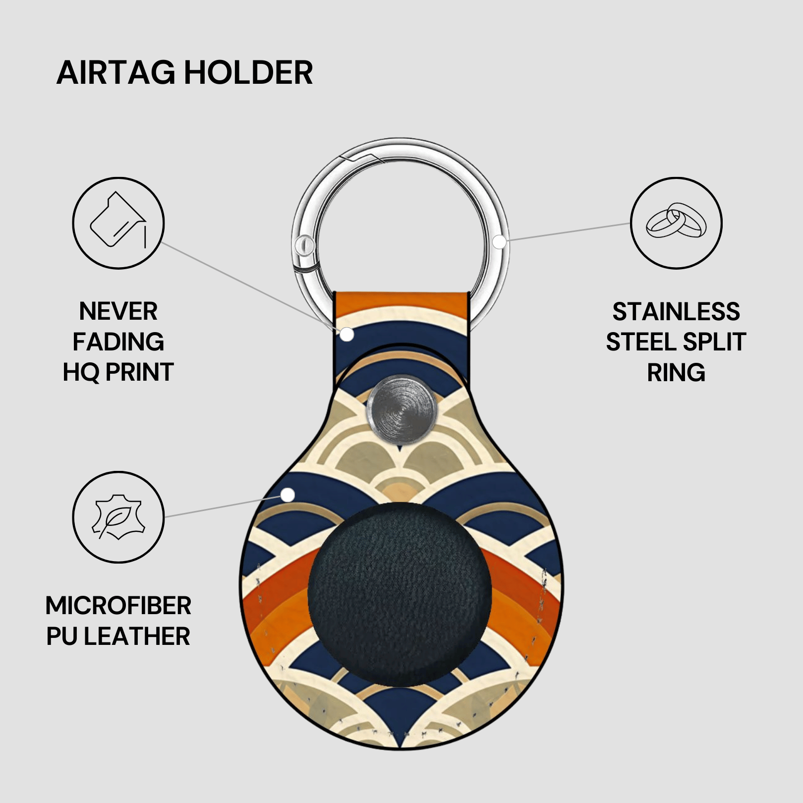 Airtag holder with design and features on a gray background