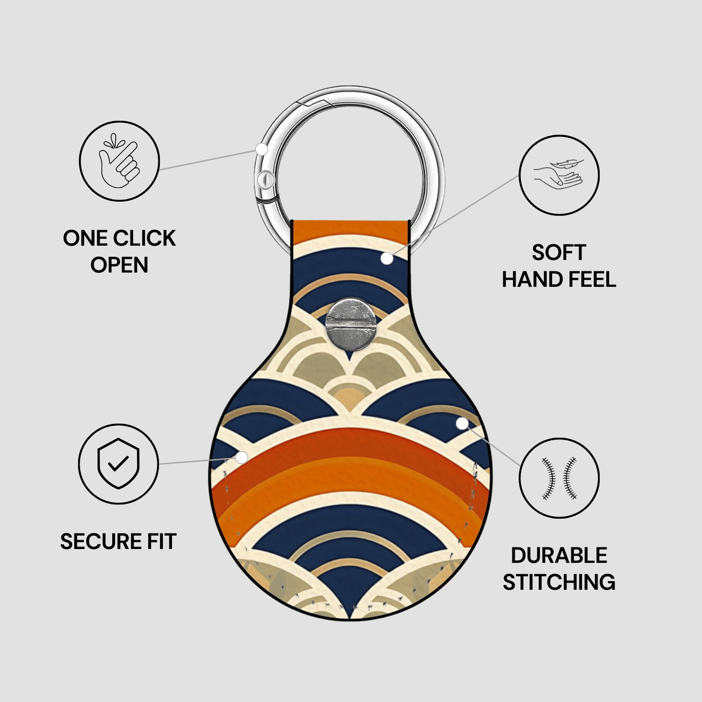 Keychain with geometric pattern and features listed on a light gray background