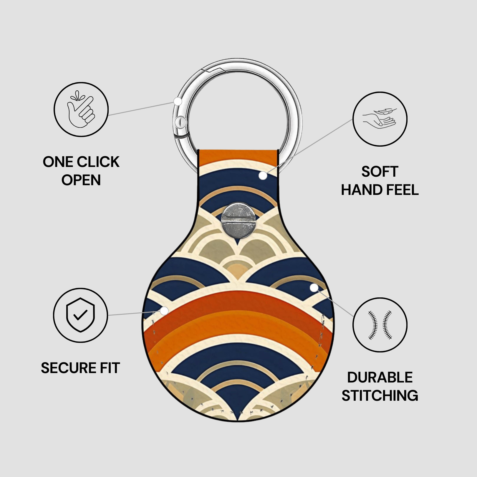 Keychain with geometric pattern and features listed on a light gray background