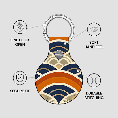 Keychain with geometric pattern and features listed on a light gray background