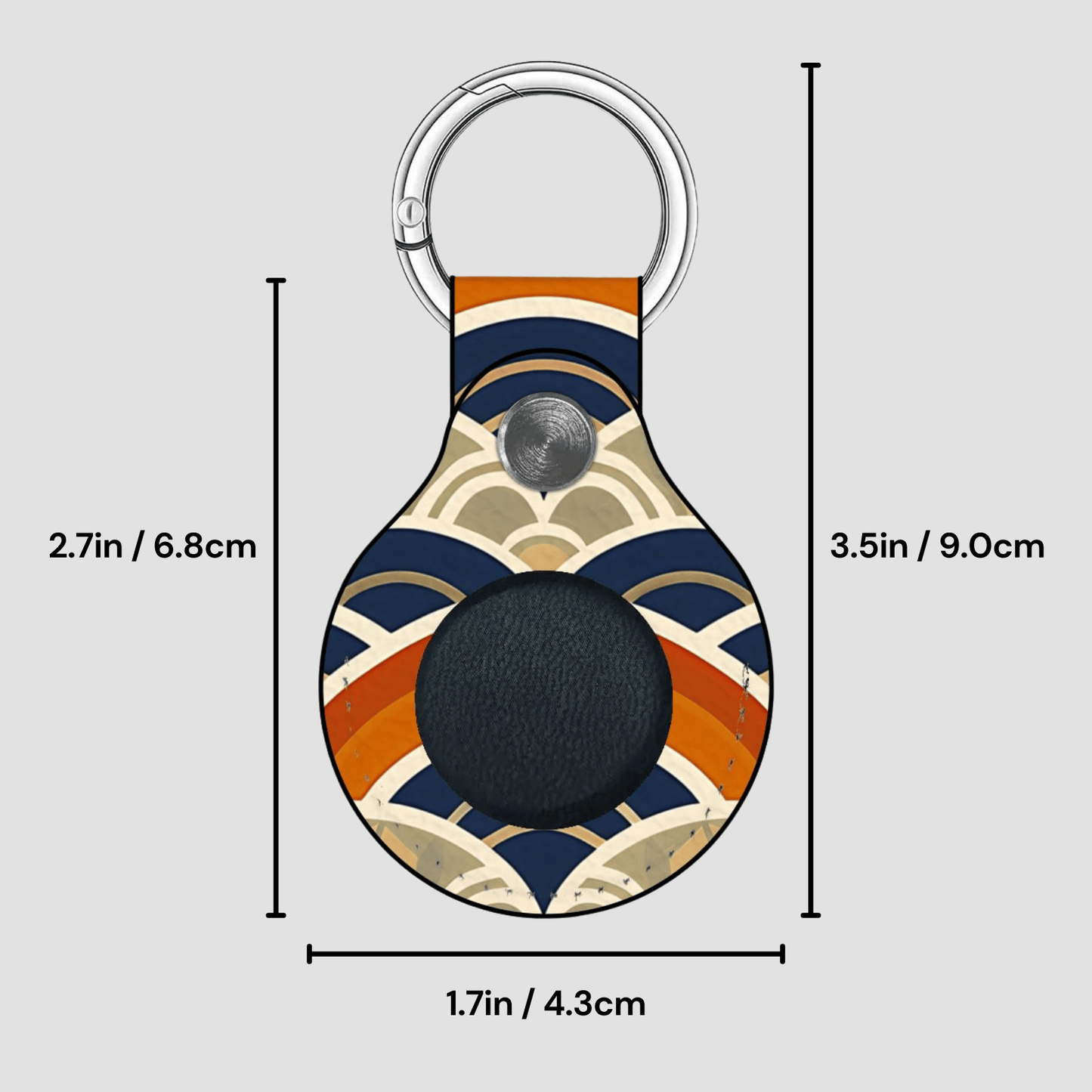 Keychain with geometric pattern and measurements on a gray background