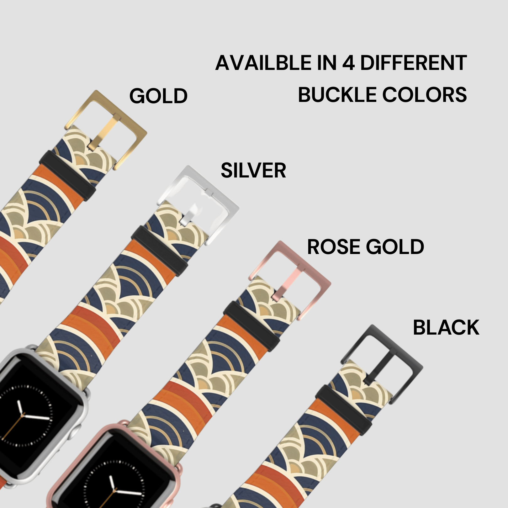 Watch straps with different buckle colors on a light gray background