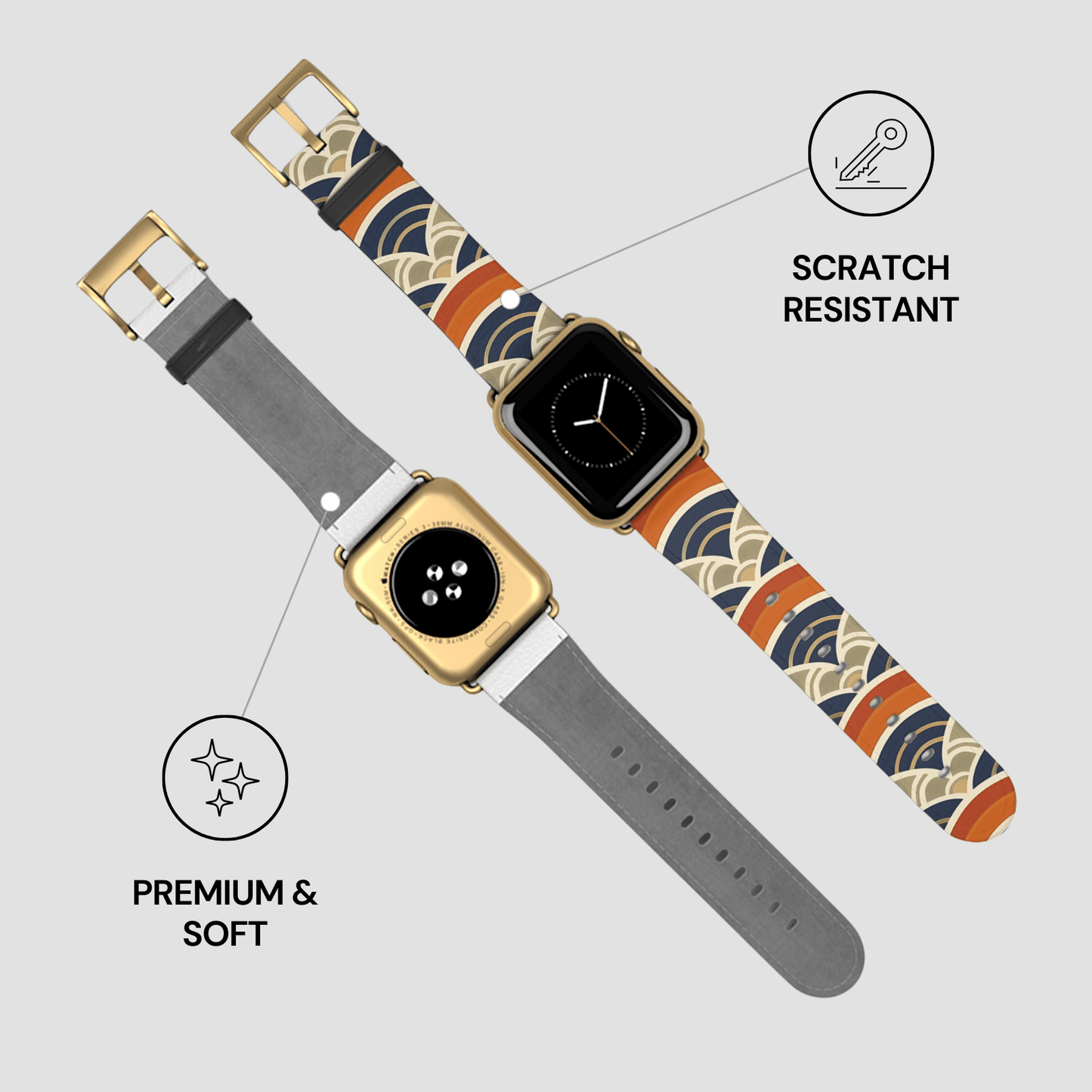 Three smartwatches with different band designs on a light gray background