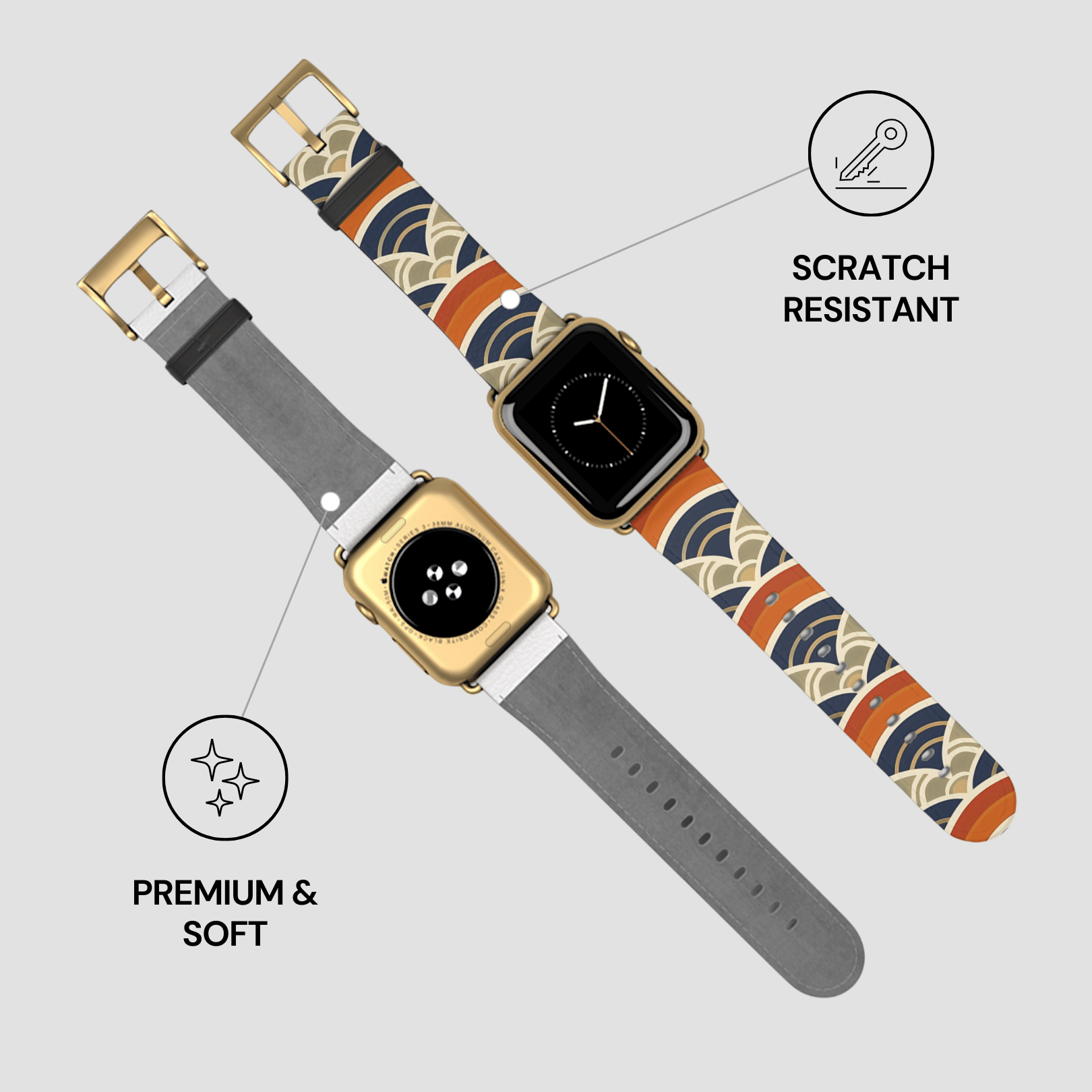 Three smartwatches with different band designs on a light gray background