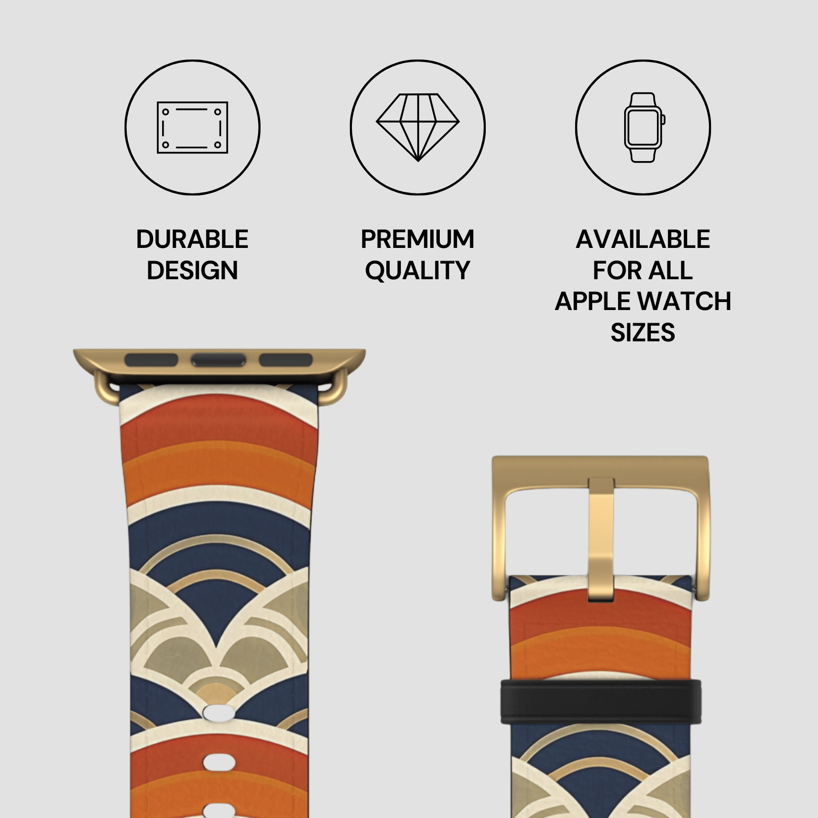 Watch strap with a colorful pattern and gold buckle, featuring durability, premium quality, and compatibility icons.