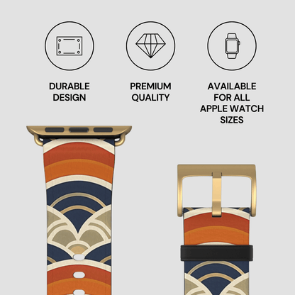 Watch strap with a colorful pattern and gold buckle, featuring durability, premium quality, and compatibility icons.