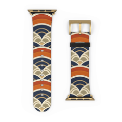 Two watch straps with a colorful geometric pattern on a white background