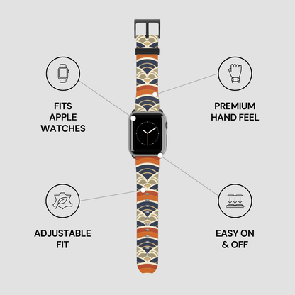 Smartwatch with a patterned band on a gray background with feature text.