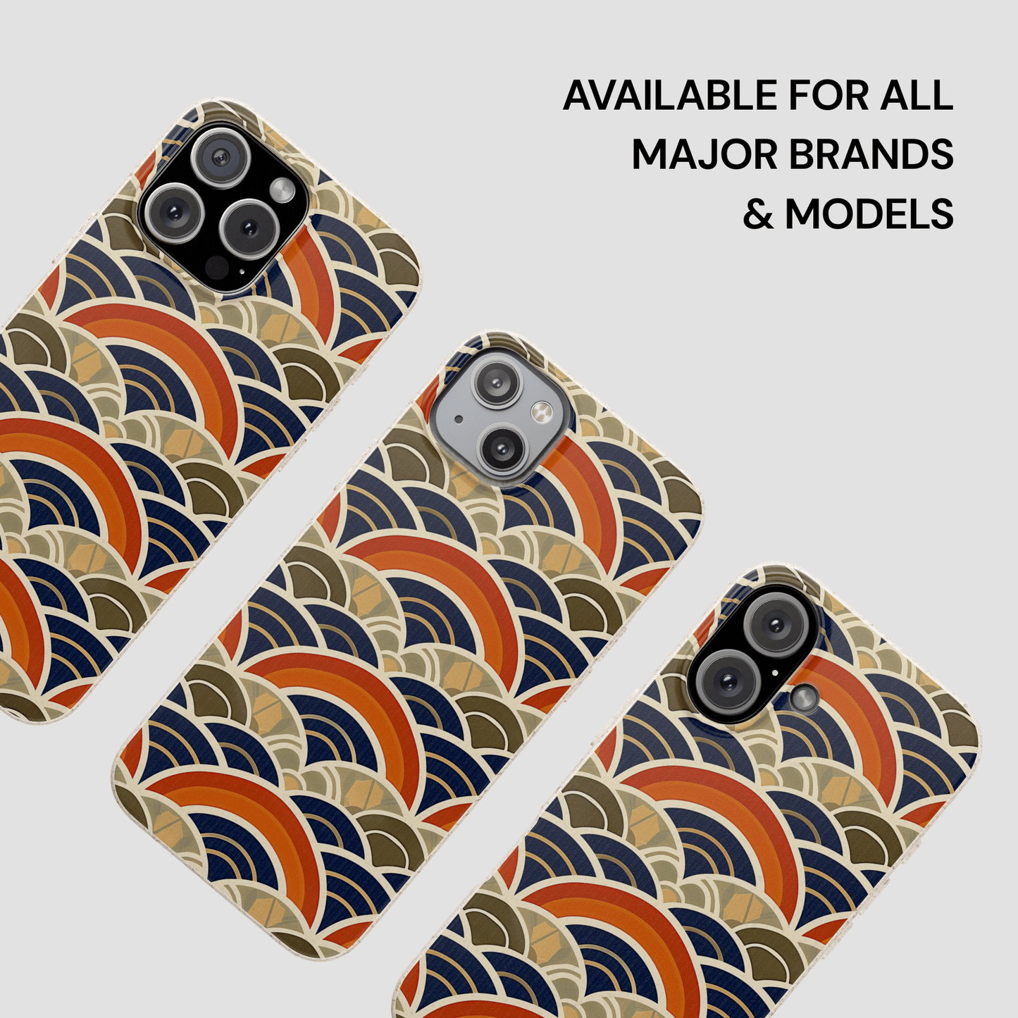 Patterned phone case with text 'Available for all major brands & models' on a light gray background