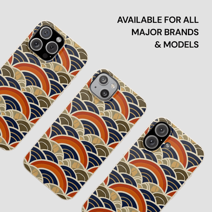 Patterned phone case with text 'Available for all major brands & models' on a light gray background