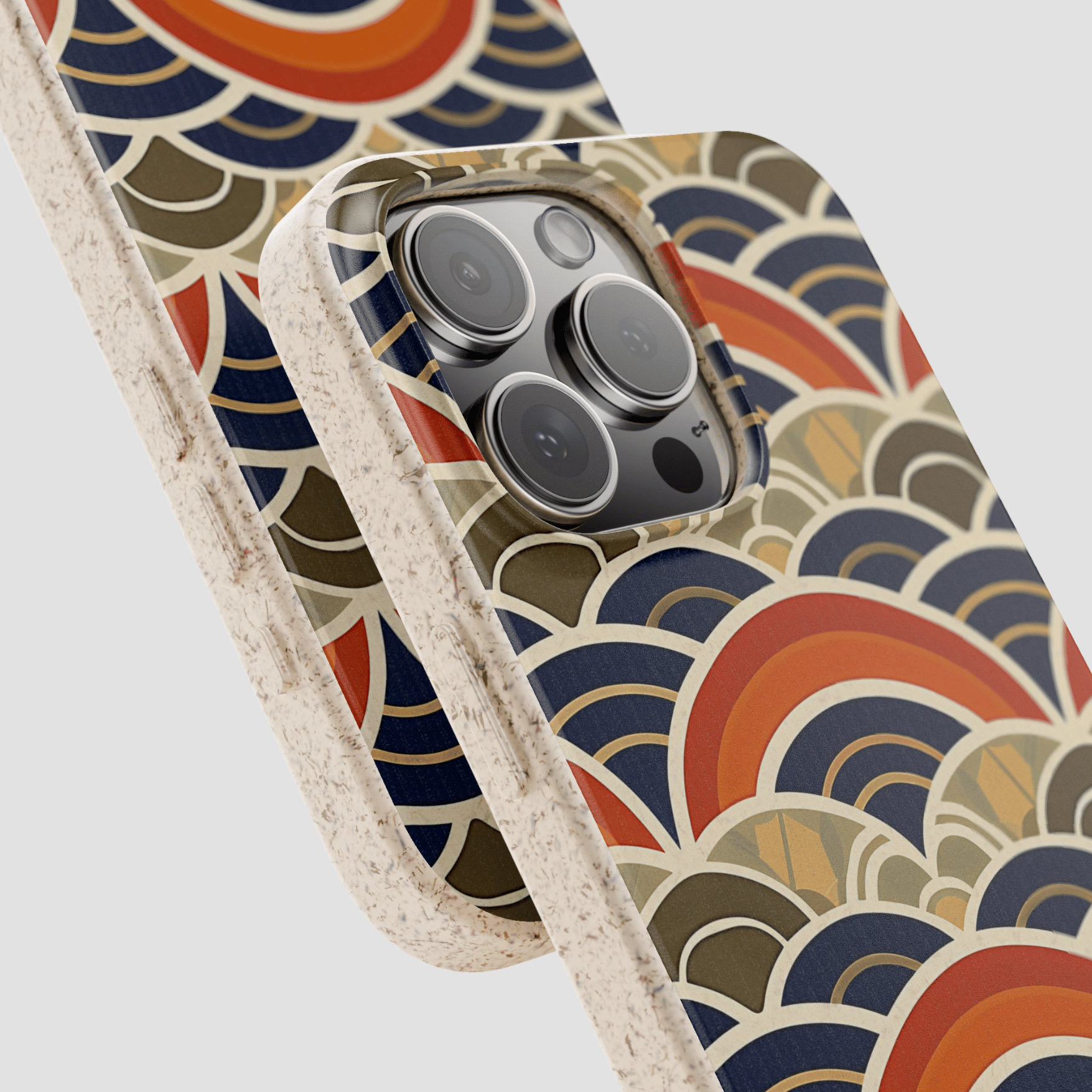 Phone case with a colorful geometric pattern on a light gray background