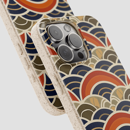 Phone case with a colorful geometric pattern on a light gray background
