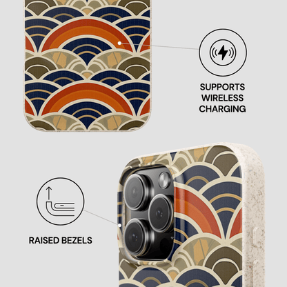 Phone case with geometric pattern and wireless charging support on a light gray background