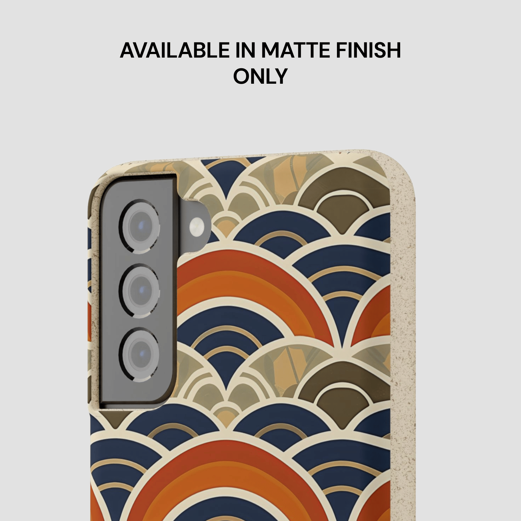 Phone case with wave pattern and text 'Available in Matte Finish Only' on a light gray background